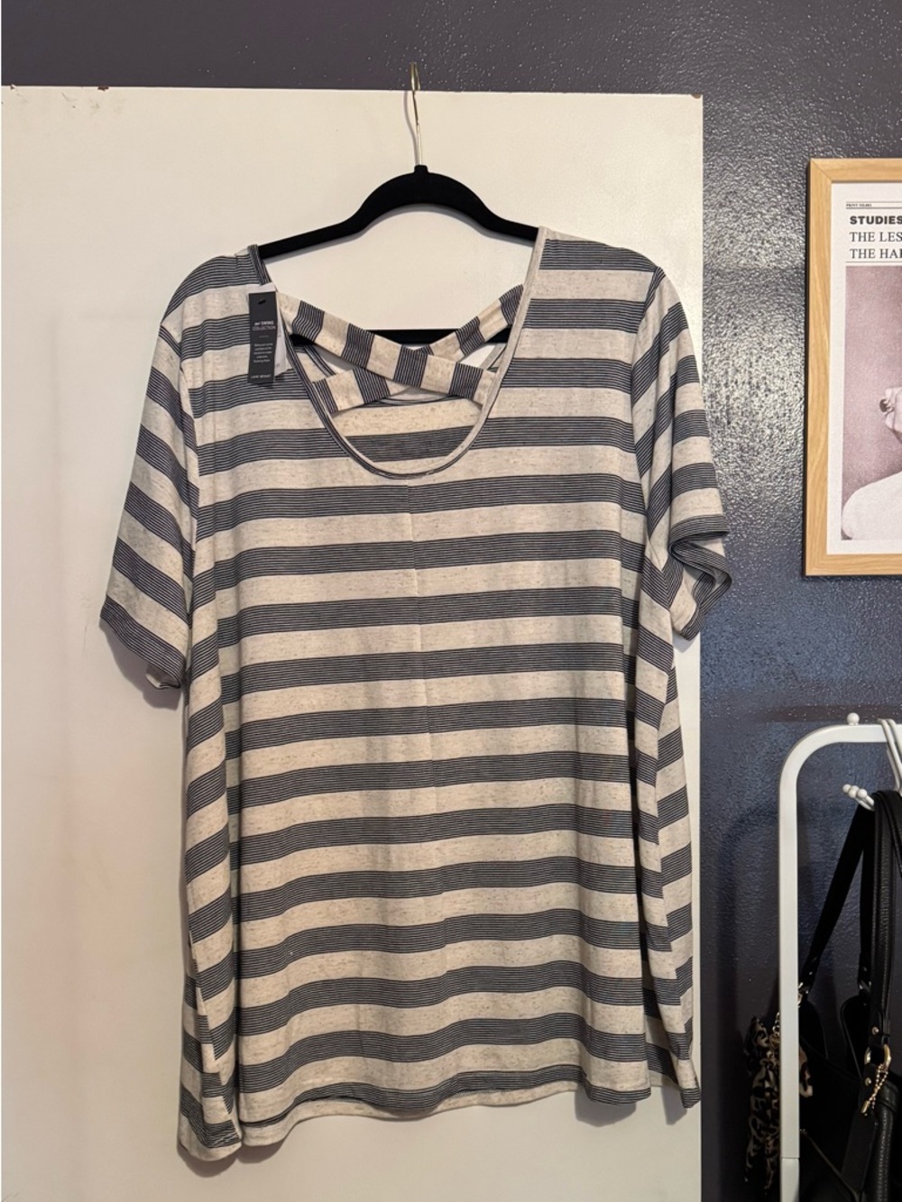 NWT Lane Bryant Gray & Pink Striped Short Sleeve/Criss Cross Back Detail Tee